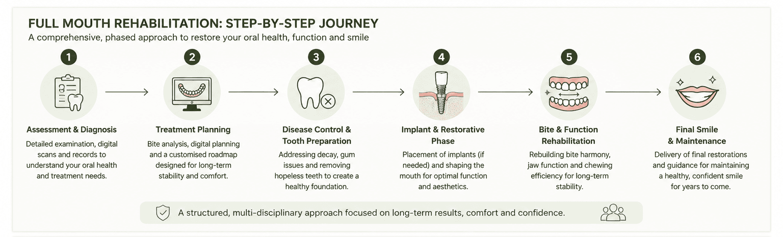 Step-by-step full mouth rehabilitation procedure diagram