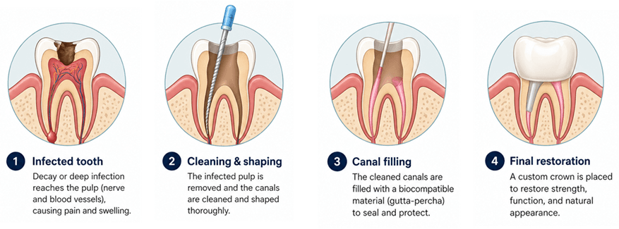 Root canal treatment step-by-step illustration
