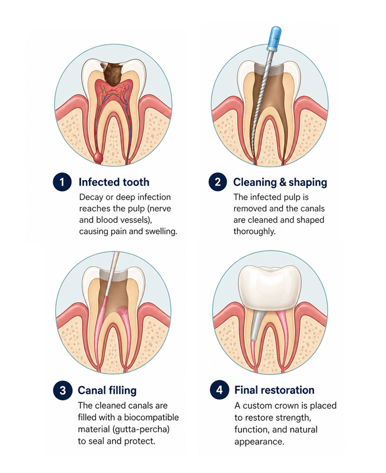 Root canal treatment step-by-step illustration