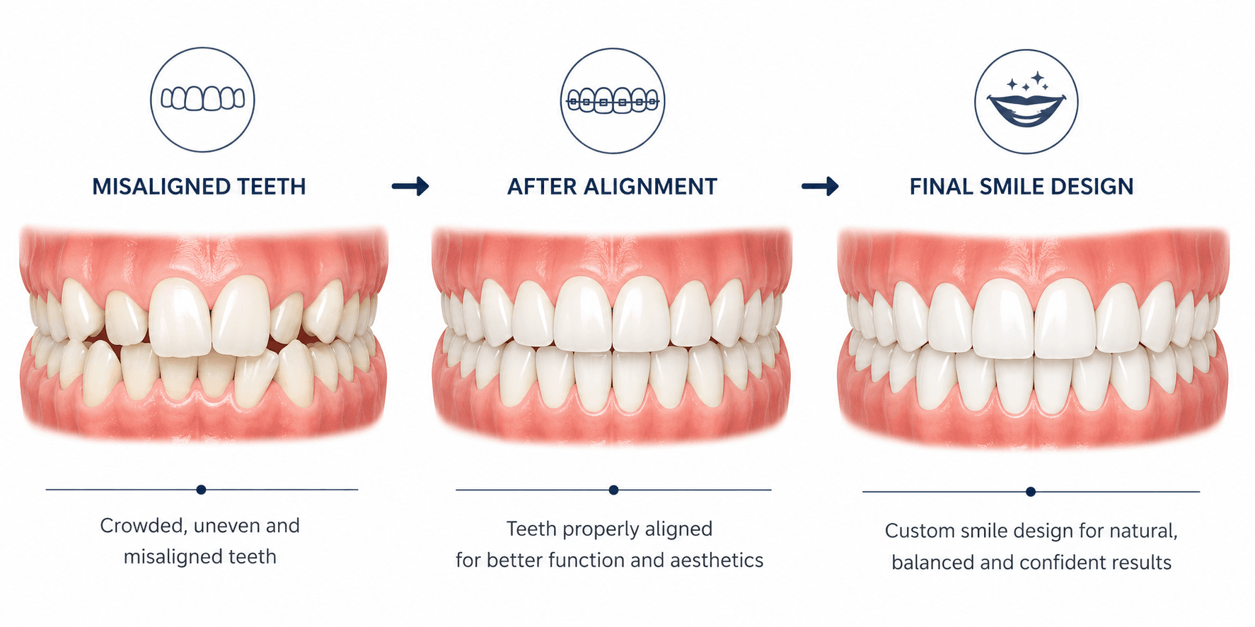 Smile design progression - misaligned teeth, after alignment, final smile design